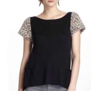 Anthropologie Leifsdottir Short Sleeve Black & Animal Print Sweater Size XS NWT